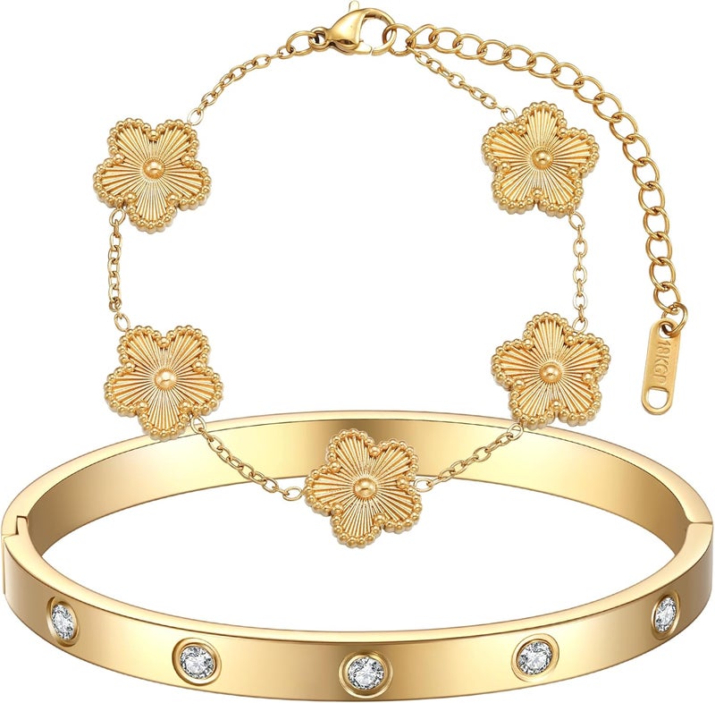 Funio 18K Gold Plated Clover Bracelet Love bangle Set for Women - Stack Friendship Bracelet Lucky Link Bracelets Jewelry Gifts Trendy for Women - Image 1